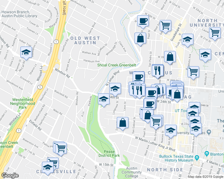 map of restaurants, bars, coffee shops, grocery stores, and more near 2501 1/2 North Lamar Boulevard in Austin