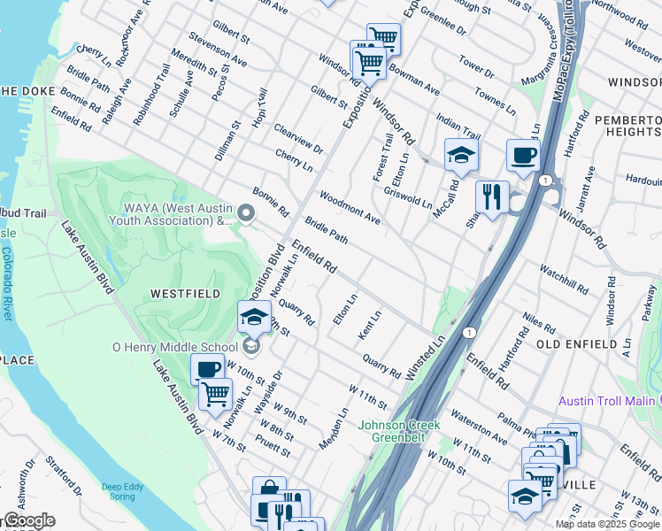 map of restaurants, bars, coffee shops, grocery stores, and more near 2506 Enfield Road in Austin