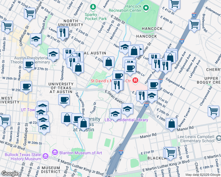 map of restaurants, bars, coffee shops, grocery stores, and more near 2902 Hampton Road in Austin