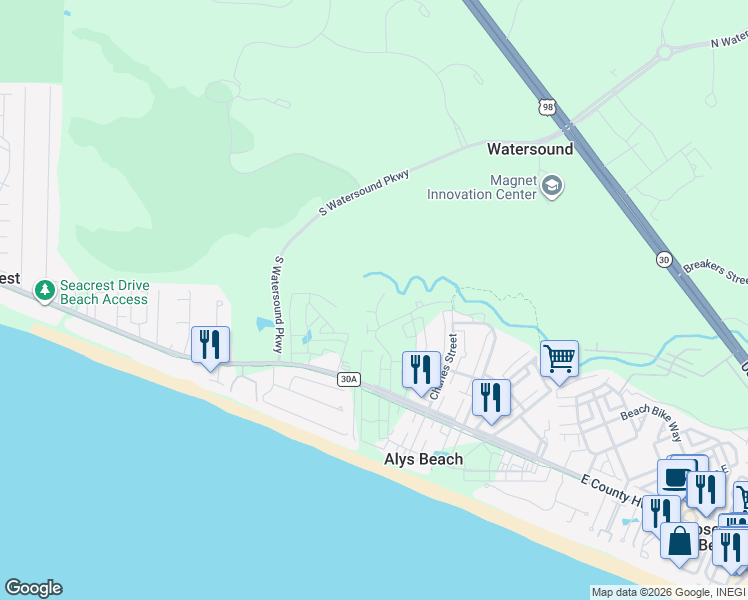 map of restaurants, bars, coffee shops, grocery stores, and more near 147 Cord Road in Santa Rosa Beach