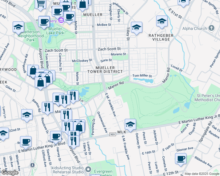 map of restaurants, bars, coffee shops, grocery stores, and more near 4305 Manor Road in Austin