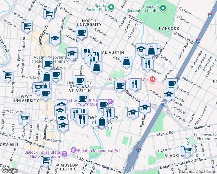 map of restaurants, bars, coffee shops, grocery stores, and more near 702 East Dean Keeton Street in Austin