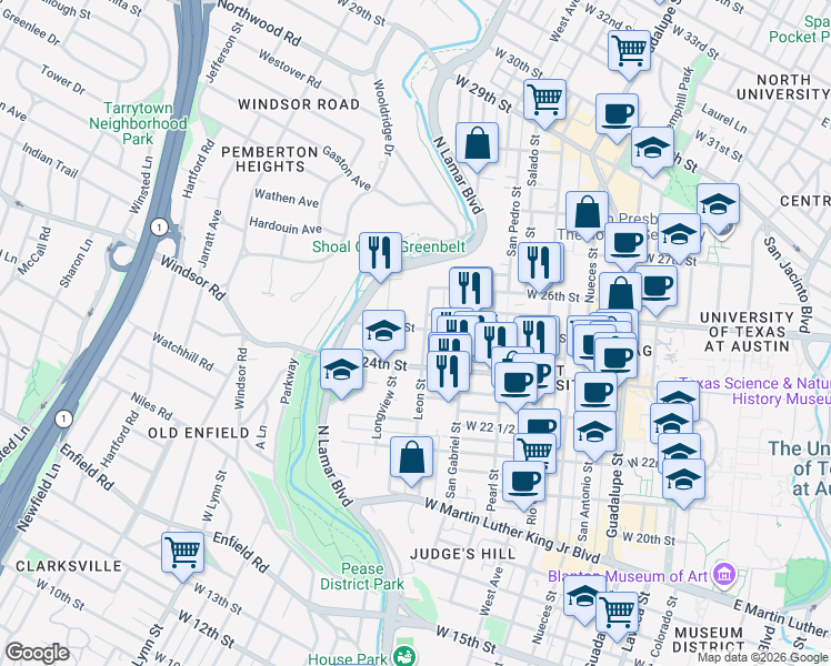 map of restaurants, bars, coffee shops, grocery stores, and more near 2415 Leon Street in Austin