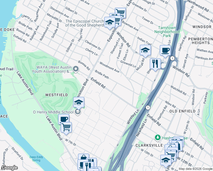 map of restaurants, bars, coffee shops, grocery stores, and more near 2506 Enfield Road in Austin