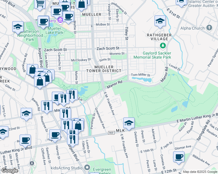 map of restaurants, bars, coffee shops, grocery stores, and more near 4305 Manor Road in Austin