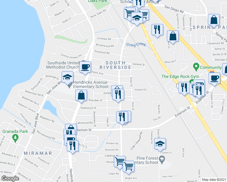 map of restaurants, bars, coffee shops, grocery stores, and more near 1733 Ashland Street in Jacksonville