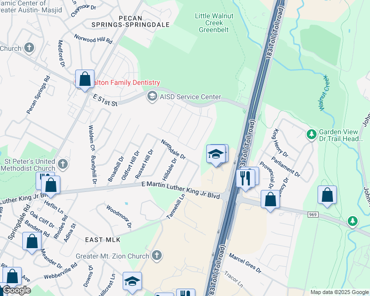 map of restaurants, bars, coffee shops, grocery stores, and more near 5601 Bentsen Lane in Austin