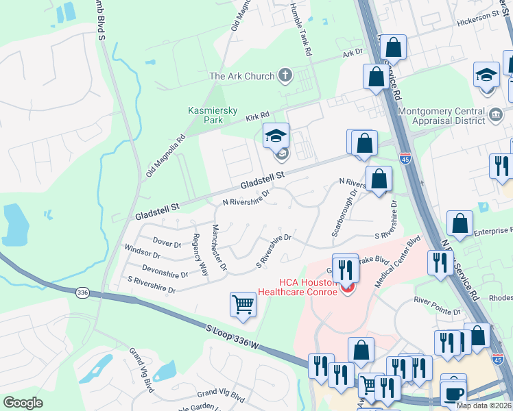 map of restaurants, bars, coffee shops, grocery stores, and more near 803 North Rivershire Drive in Conroe