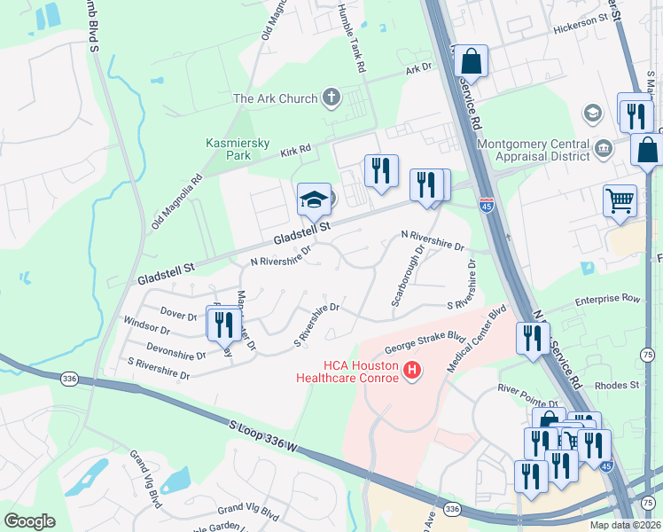 map of restaurants, bars, coffee shops, grocery stores, and more near 11 Earls Row in Conroe