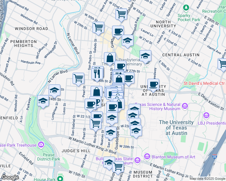map of restaurants, bars, coffee shops, grocery stores, and more near 2503 Nueces Street in Austin
