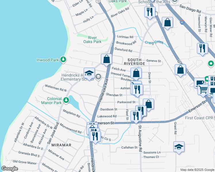 map of restaurants, bars, coffee shops, grocery stores, and more near 3436 Rosemary Street in Jacksonville