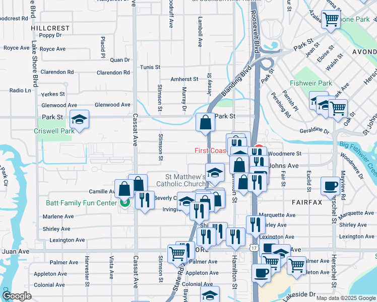 map of restaurants, bars, coffee shops, grocery stores, and more near 4655 Shelby Avenue in Jacksonville