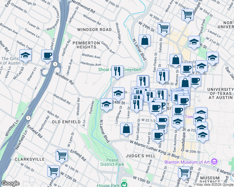 map of restaurants, bars, coffee shops, grocery stores, and more near 2500 Longview Street in Austin
