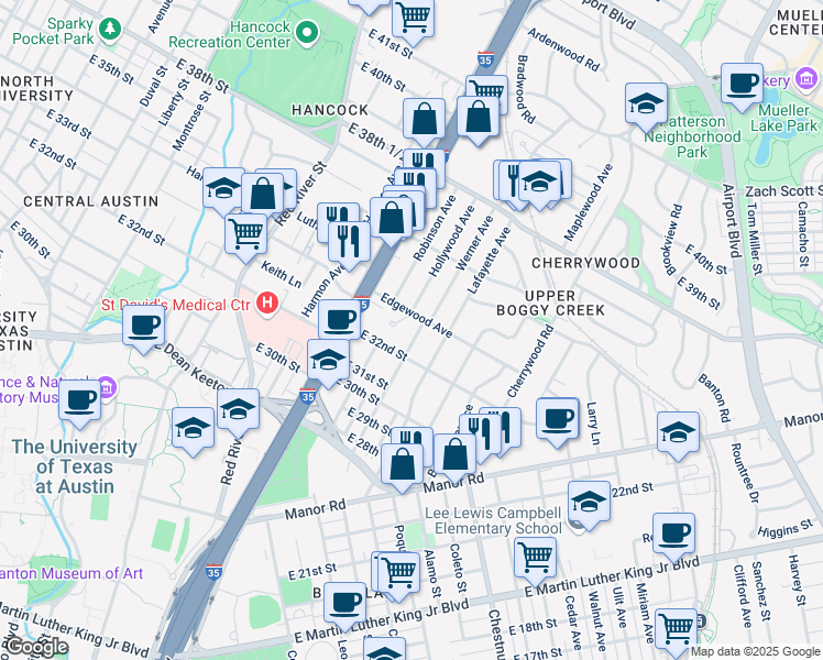 map of restaurants, bars, coffee shops, grocery stores, and more near 3210 Dancy Street in Austin