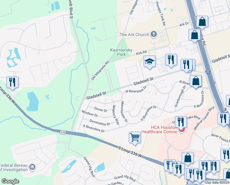 map of restaurants, bars, coffee shops, grocery stores, and more near 1101 Gladstell Street in Conroe