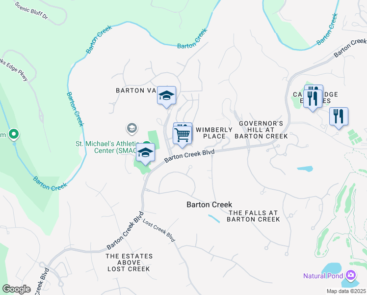 map of restaurants, bars, coffee shops, grocery stores, and more near 2700 Barton Creek Boulevard in Austin