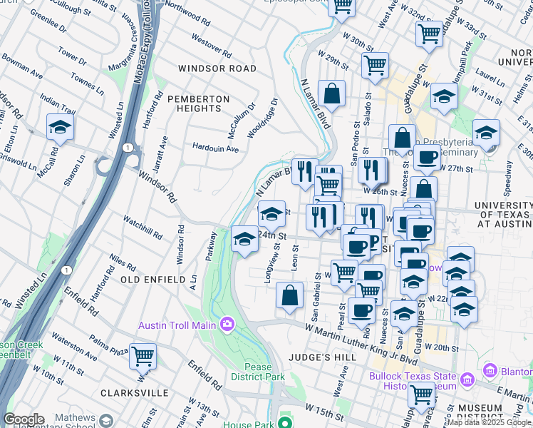 map of restaurants, bars, coffee shops, grocery stores, and more near 2500 Longview Street in Austin