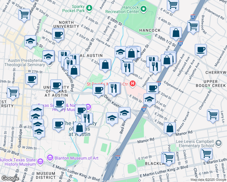 map of restaurants, bars, coffee shops, grocery stores, and more near 3001 Medical Arts Street in Austin