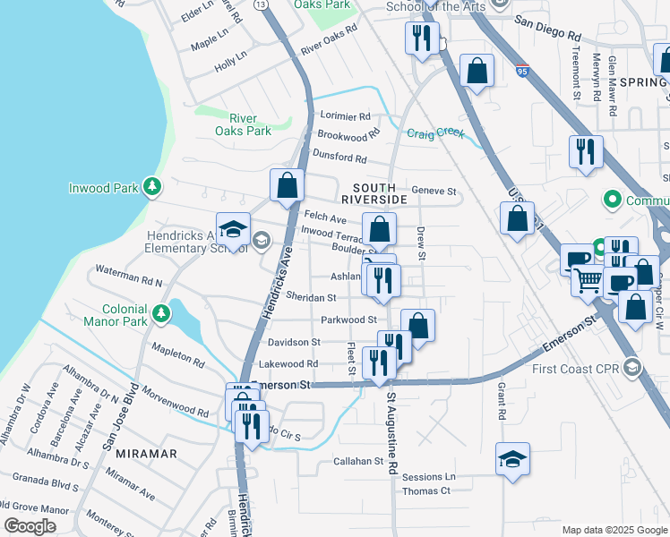 map of restaurants, bars, coffee shops, grocery stores, and more near 1647 Ashland Street in Jacksonville