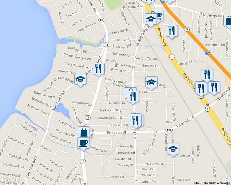 map of restaurants, bars, coffee shops, grocery stores, and more near 1647 Ashland Street in Jacksonville