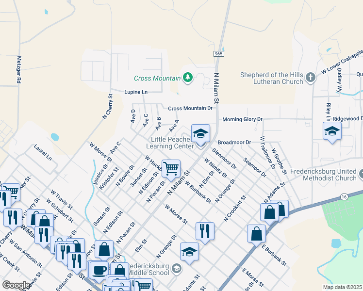map of restaurants, bars, coffee shops, grocery stores, and more near 413 Nimitz Circle in Fredericksburg