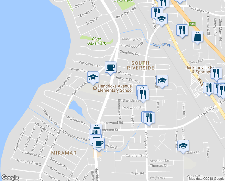 map of restaurants, bars, coffee shops, grocery stores, and more near 3436 Rosemary Street in Jacksonville