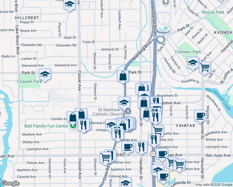 map of restaurants, bars, coffee shops, grocery stores, and more near 4655 Shelby Avenue in Jacksonville