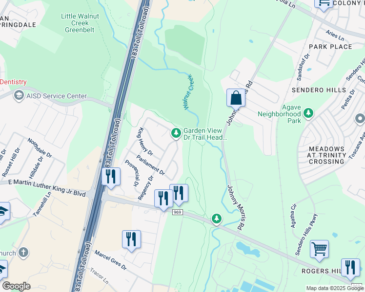 map of restaurants, bars, coffee shops, grocery stores, and more near 6402 Garden View Drive in Austin