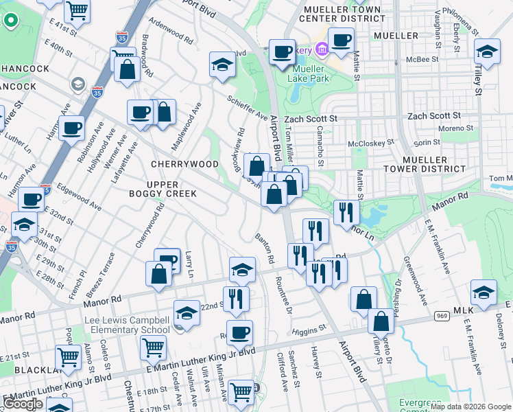 map of restaurants, bars, coffee shops, grocery stores, and more near 3811 Grayson Lane in Austin