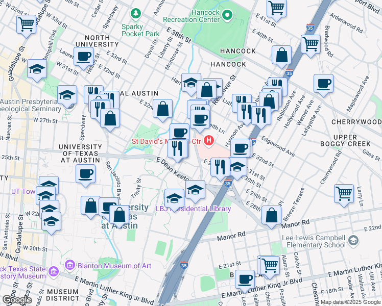 map of restaurants, bars, coffee shops, grocery stores, and more near 3001 Medical Arts Street in Austin