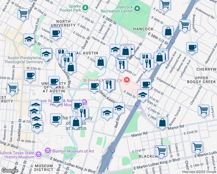 map of restaurants, bars, coffee shops, grocery stores, and more near 3001 Medical Arts Street in Austin