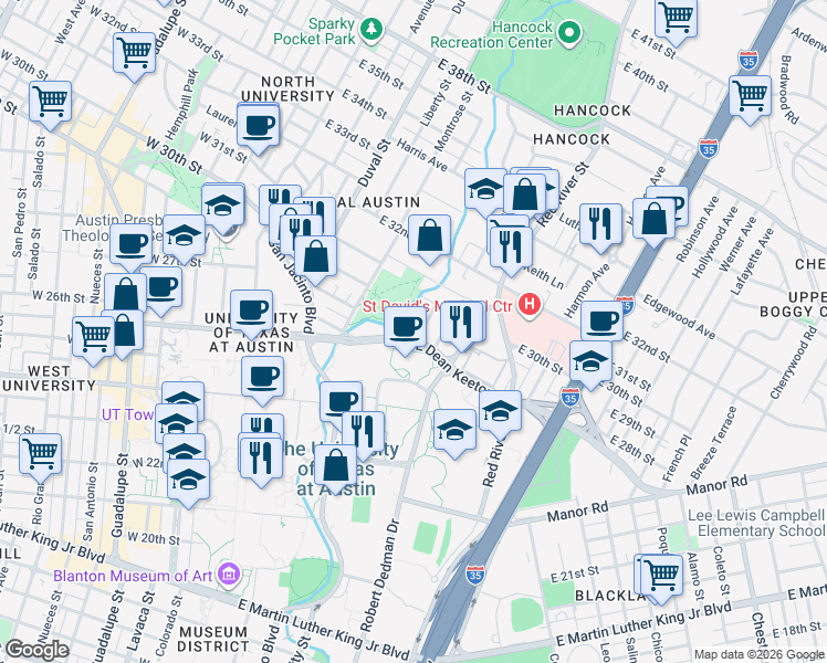 map of restaurants, bars, coffee shops, grocery stores, and more near 720 East Dean Keeton Street in Austin