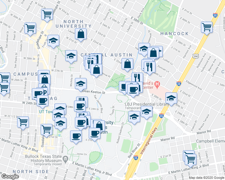 map of restaurants, bars, coffee shops, grocery stores, and more near 702 East Dean Keeton Street in Austin