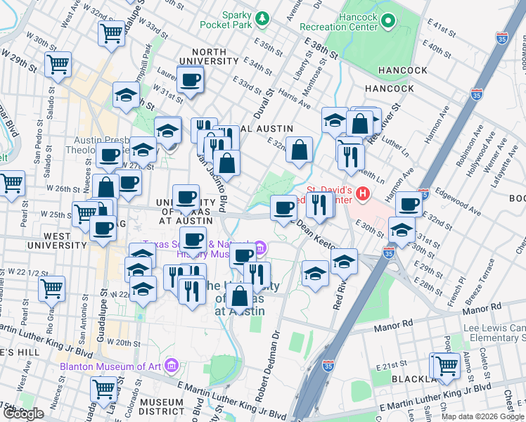 map of restaurants, bars, coffee shops, grocery stores, and more near 702 East Dean Keeton Street in Austin