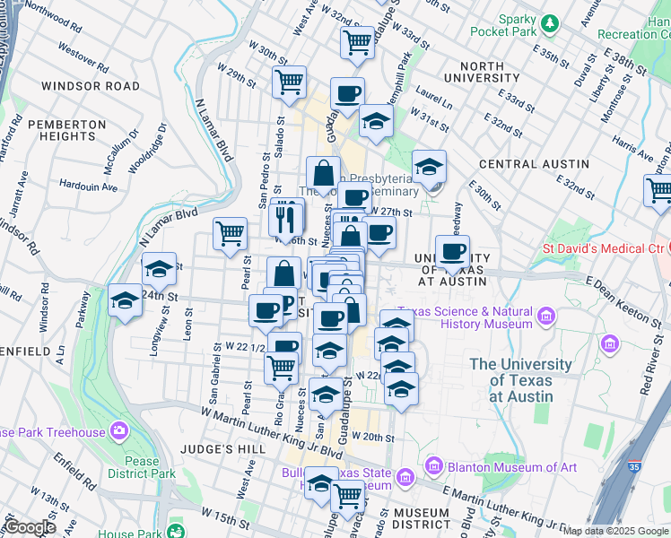 map of restaurants, bars, coffee shops, grocery stores, and more near 2503 Nueces Street in Austin