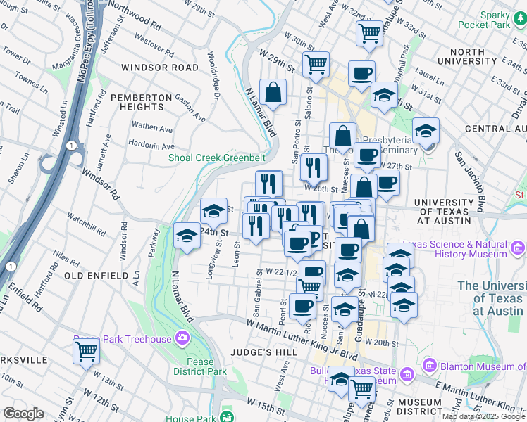 map of restaurants, bars, coffee shops, grocery stores, and more near 910 West 25th Street in Austin