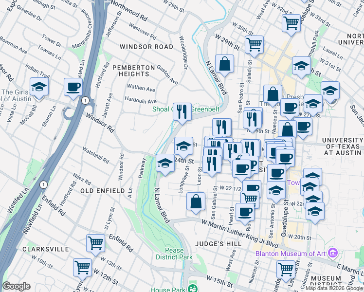 map of restaurants, bars, coffee shops, grocery stores, and more near 2500 Longview Street in Austin
