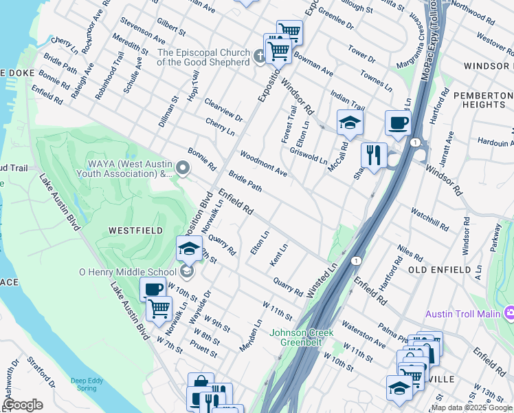 map of restaurants, bars, coffee shops, grocery stores, and more near 2506 Enfield Road in Austin