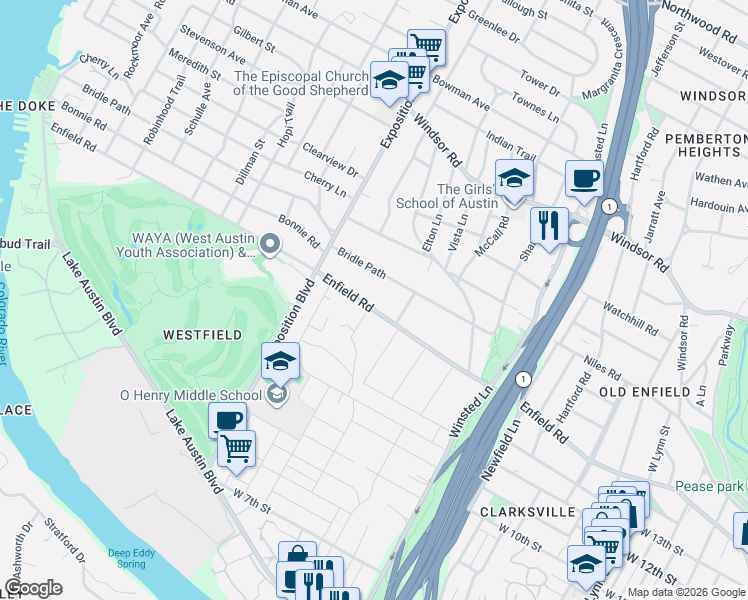 map of restaurants, bars, coffee shops, grocery stores, and more near 2506 Enfield Road in Austin