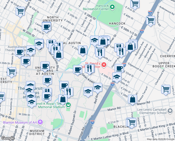 map of restaurants, bars, coffee shops, grocery stores, and more near 2910 Medical Arts Street in Austin