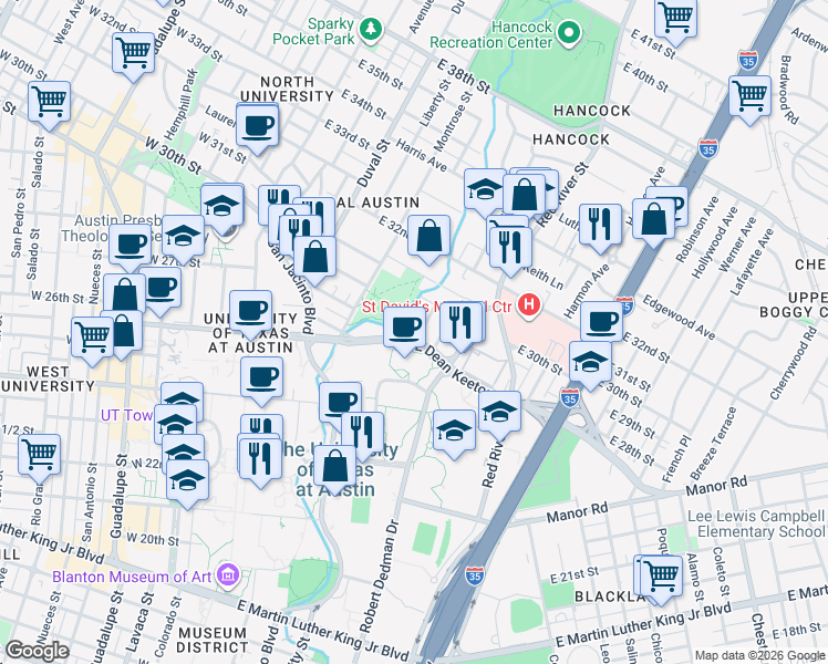 map of restaurants, bars, coffee shops, grocery stores, and more near 720 East Dean Keeton Street in Austin