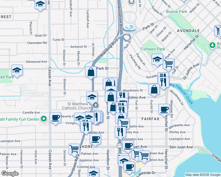 map of restaurants, bars, coffee shops, grocery stores, and more near 1615 Hamilton St in Jacksonville