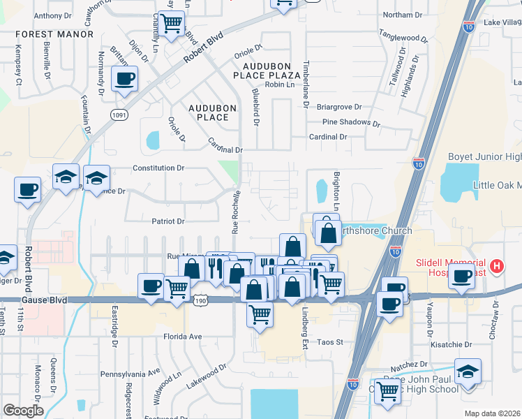 map of restaurants, bars, coffee shops, grocery stores, and more near 942 Asheville Drive in Slidell