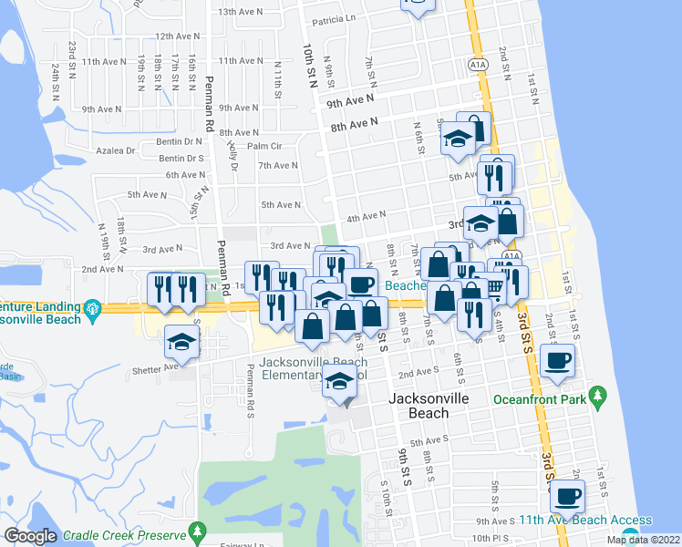 map of restaurants, bars, coffee shops, grocery stores, and more near 1010 2nd Avenue North in Jacksonville Beach