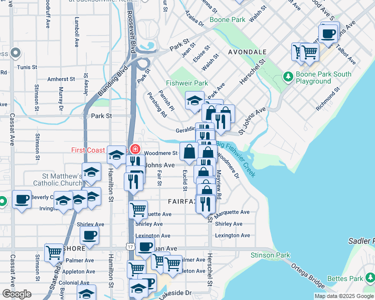 map of restaurants, bars, coffee shops, grocery stores, and more near 4255 Woodmere Street in Jacksonville