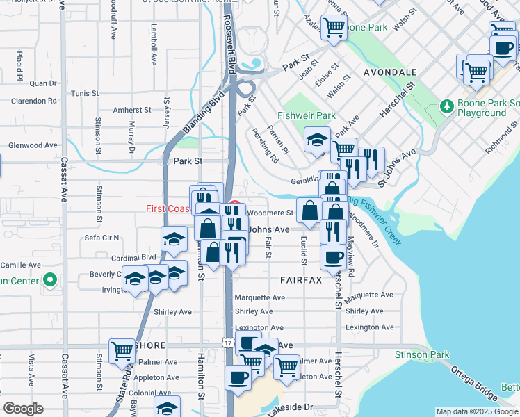 map of restaurants, bars, coffee shops, grocery stores, and more near 4415 Woodmere Street in Jacksonville
