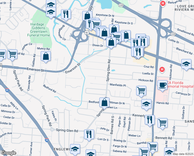 map of restaurants, bars, coffee shops, grocery stores, and more near 3535 Carlyon Drive in Jacksonville