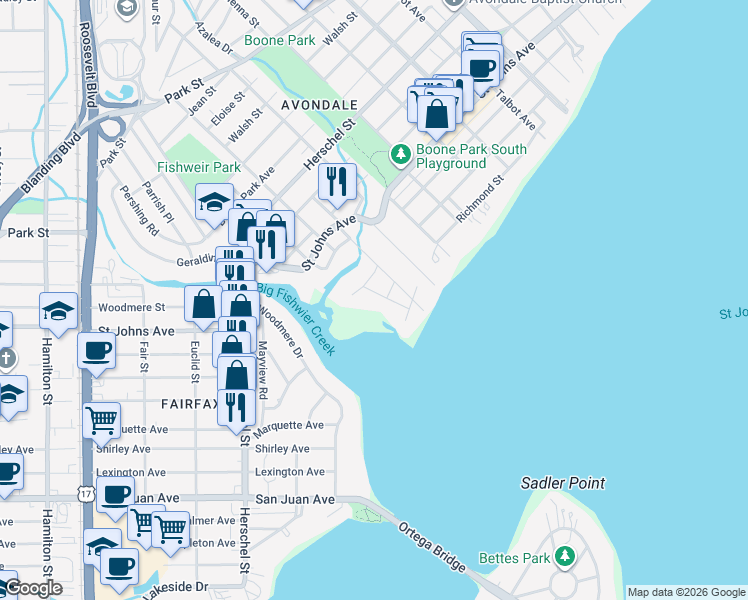 map of restaurants, bars, coffee shops, grocery stores, and more near 1928 Morningside Street in Jacksonville