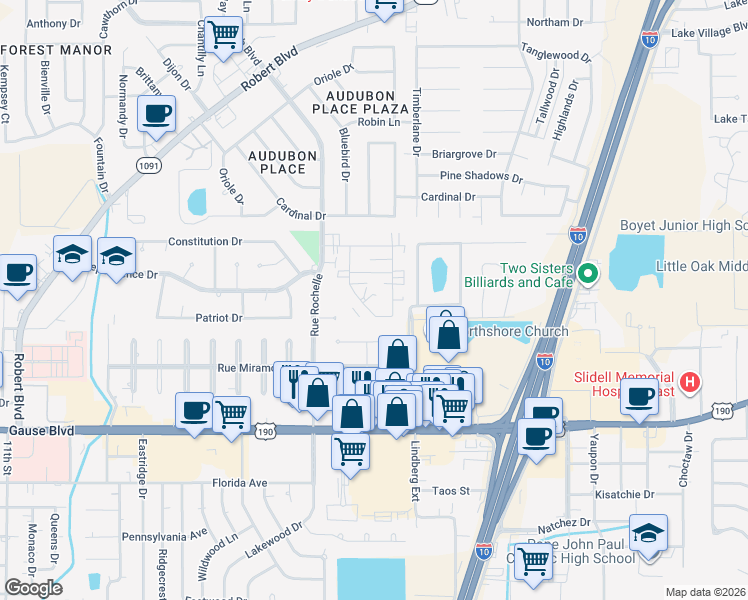 map of restaurants, bars, coffee shops, grocery stores, and more near 821 Asheville Drive in Slidell