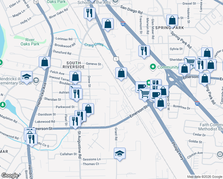 map of restaurants, bars, coffee shops, grocery stores, and more near 3423 Inwood Circle West in Jacksonville